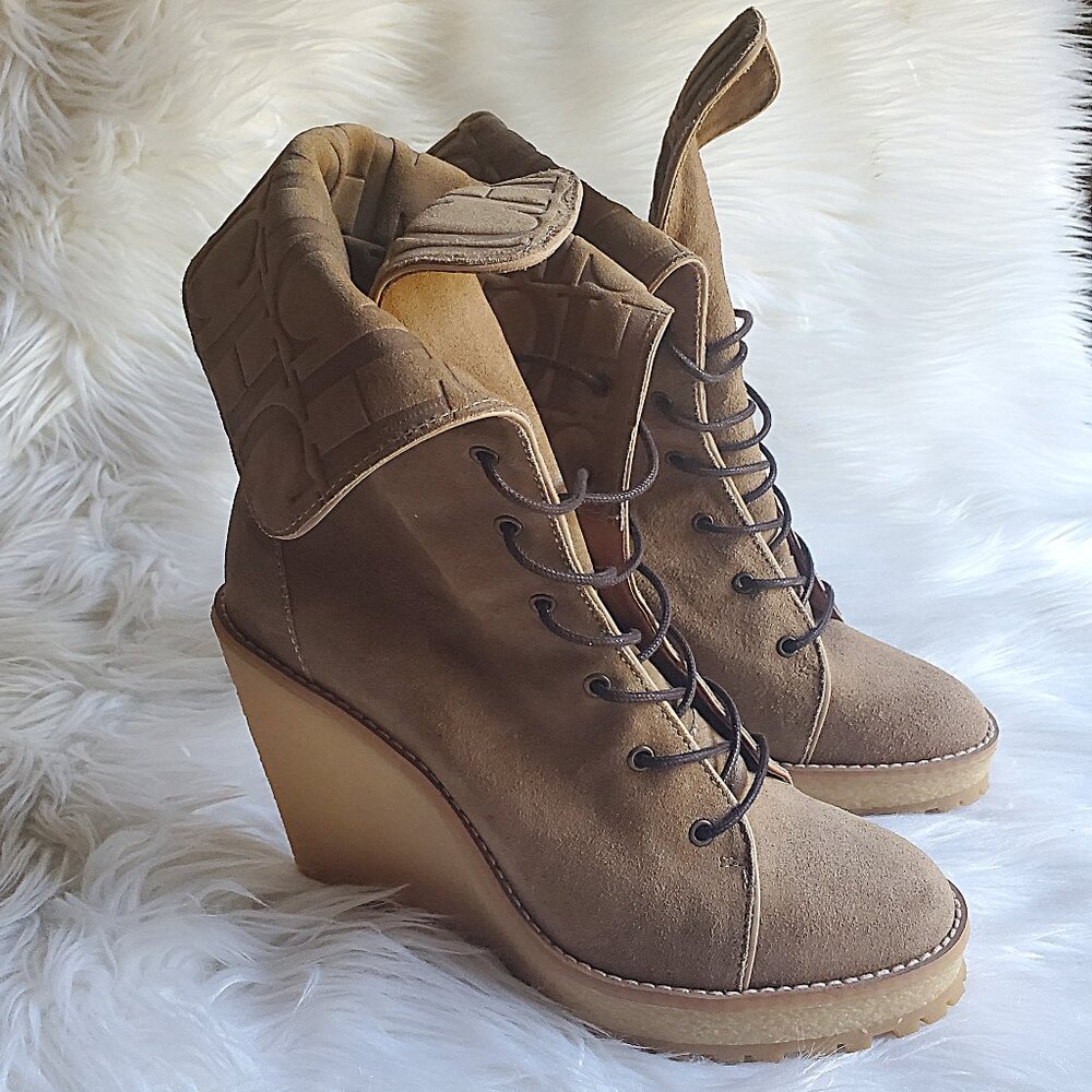 Carolina Herrera Brown Suede Platform Wedge Lace Up Boots SZ 8.5